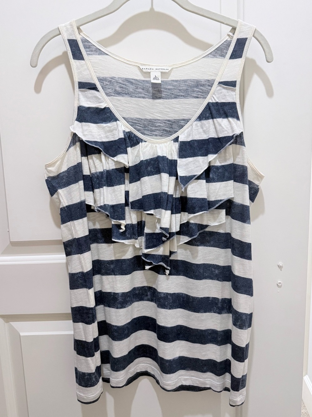 Banana Republic Navy and White Striped Ruffle Tank